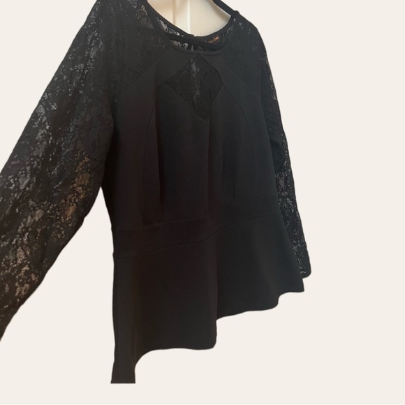 ADDITION ELLE - Black Long Sleeve Lace Peplum Blouse with Keyhole Neckline - Picture 2 of 13